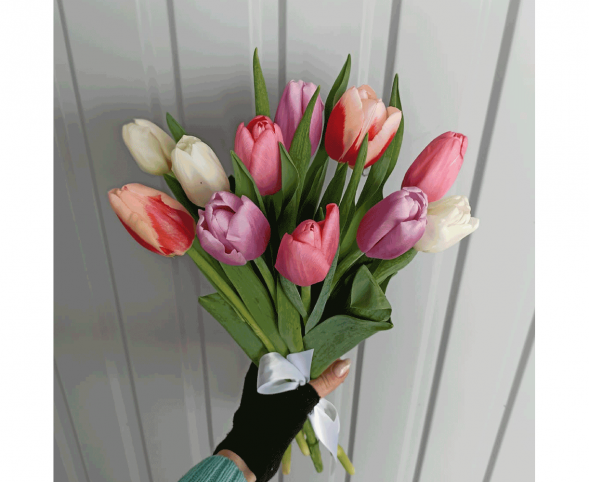 11 тюльпанов цвета микс, лента в Феодосии