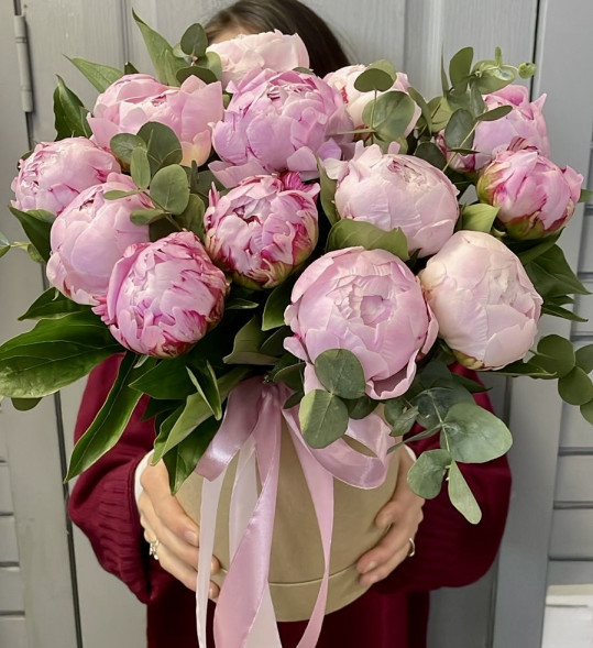 Пионы 13 шт. в шляпной коробке в Феодосии