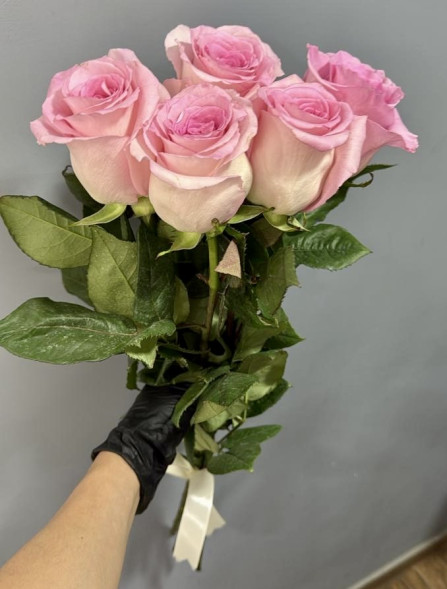 5 розовых роз, лента (Импортные) в Феодосии