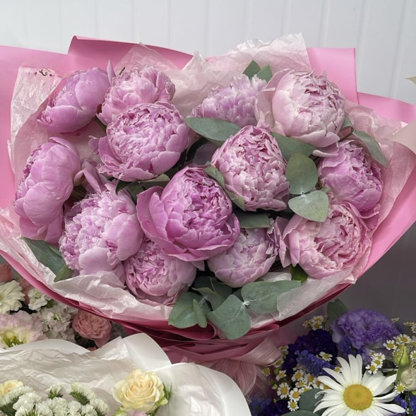 Букет 13 нежных пионов в упаковке в Феодосии